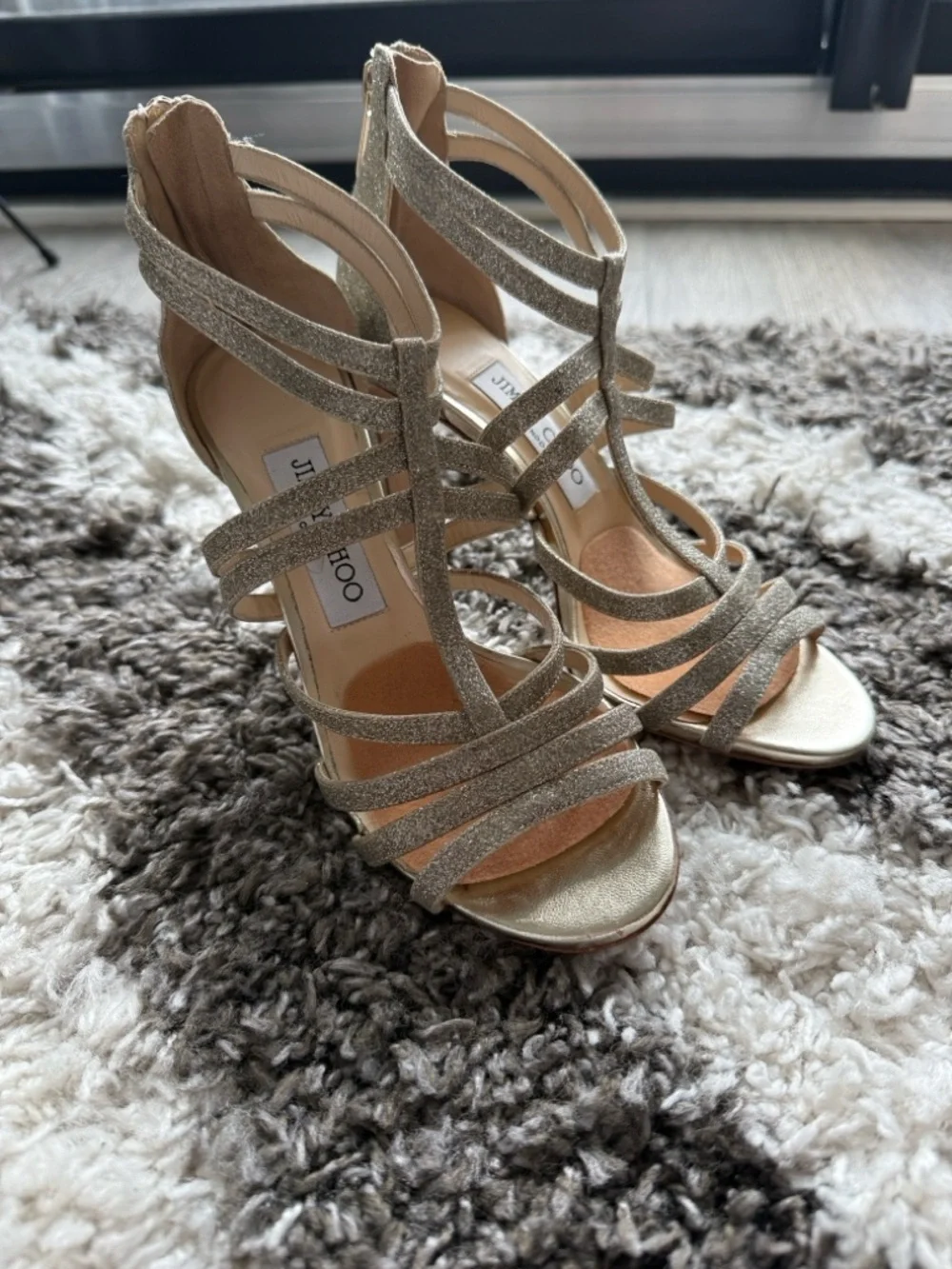 Jimmy Choo Gold Glitter Strappy Block Heel Sandals - Picture 3 of 9